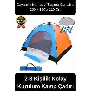 Ultra Dayanıklı Kolay Kurulum Taşıma Çantalı Su Geçirmez Sineklikli Tüllü 2-3 Kişilik Kamp Çadırı