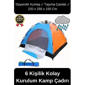 Ultra Dayanıklı Kolay Kurulum Taşıma Çantalı Su Geçirmez Sineklikli Tüllü 6 Kişilik Kamp Çadırı