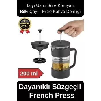 Premium Kalite Dayanıklı Isıyı Koruyan Filtre Kahve Bitki Çayı Demleme Siyah French Press 200 ml