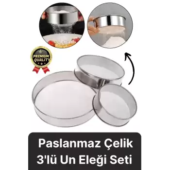 Premium Sağlam Paslanmaz Çelik Ultra İnce Örgü Filtre Mutfak Süzgeç 3lü Un Şeker Pirinç Eleği Seti