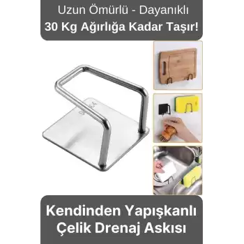 Paslanmaz Çelik Suya Dayanıklı Evye Düzenleyici Yapışkanlı Bulaşık Süngeri Tutucu Drenaj Askısı