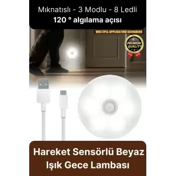 Premium Hareket Sensörlü Usb Şarj Edilebilir Mıknatıslı 3 Mod 8 Ledli Beyaz Işık Gece Lambası 1 Adet
