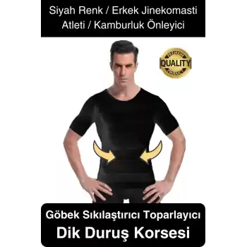Siyah Renk Erkek Bel Göğüs Dik Duruş Korsesi Atlet Jinekomasti Göbek Sıkılaştırıcı Toparlayıcı