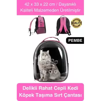 Premium Şeffaf Delikli Evcil Hayvan Kedi Köpek Taşıma Sırt Çantası Cepli Rahat Sağlam 42x33x22 cm