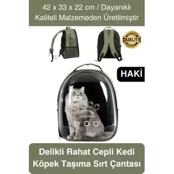 Premium Şeffaf Delikli Evcil Hayvan Kedi Köpek Taşıma Sırt Çantası Cepli Rahat Sağlam 42x33x22 cm