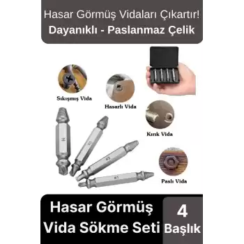 Premium Çok Amaçlı Paslanmaz Çelik Matkap Kırık Hasarlı Bozuk Vida Çıkarıcı Sökme Seti 4 Başlıklı