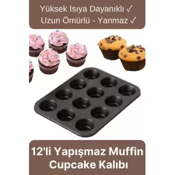 Çok Amaçlı Mutfak Yüksek Isıya Dayanıklı Yıkanabilir Yanmaz Yapışmaz 12li Kek Muffin Cupcake Kalıbı