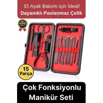 Profesyonel Lüks Paslanmaz Çok Fonksiyonlu El Ayak Tırnak Bakımı Deri Cüzdanlı Manikür Seti 15 Parça