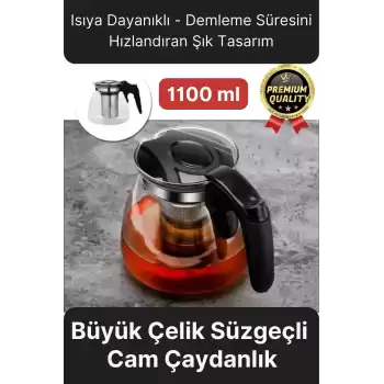 Özel Üretim Isıya Dayanıklı Bitki Çayı Şeffaf Büyük Çelik Süzgeçli Cam Çaydanlık Demlik 1.1 Litre