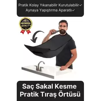 Pratik Hijyenik Vakumlu Aynaya Yapıştırma Aparatlı Siyah Kesme Örtüsü Evde Saç Sakal Tıraş Önlüğü
