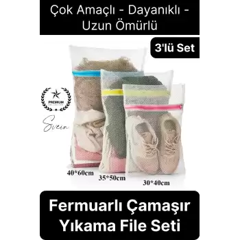 3 Adet Farklı Boy Çamaşır Yıkama Filesi Torba Seti Renkli Fermuarlı Kirli Temiz Sütyen İç Çamaşırı