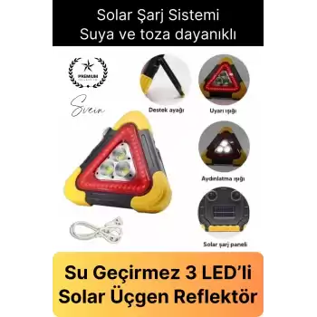 Led Işıklı Üçgen Reflektör Projektör Acil Durum Feneri Flaşör Trafik Şarjlı Solar İkaz Lambası