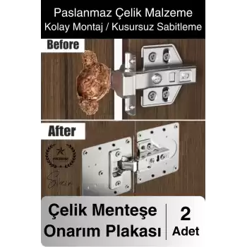 Paslanmaz Çelik Menteşe Onarım Plakası Hasarlı Mutfak Dolabı Kapı Tamir Sacı Yaprak Çanak Onarım