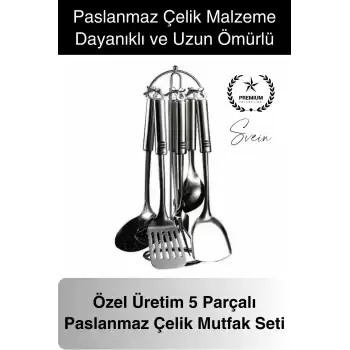 5li Paslanmaz Çelik Mutfak Seti Servis Kepçe Kevgir Spatula Kaşık Takımı Metal Hijyen Çeyiz Pratik