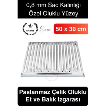 Premium 50 x 30 cm Paslanmaz Çelik 0,8 Kalın Oluklu Izgara Mangal Piknik Kamp Et Balık Kebap Pişirme