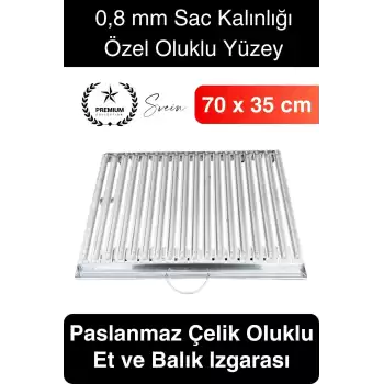 Premium 70 x 35 cm Paslanmaz Çelik 0,8 Kalın Oluklu Izgara Mangal Piknik Kamp Et Balık Kebap Pişirme
