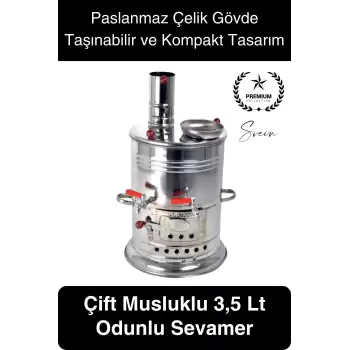 Premium Çift Musluklu 3.5 lt Kömürlü Kamp Piknik İçin Çok Amaçlı Odunlu Çay Semaveri Paslanmaz Çelik