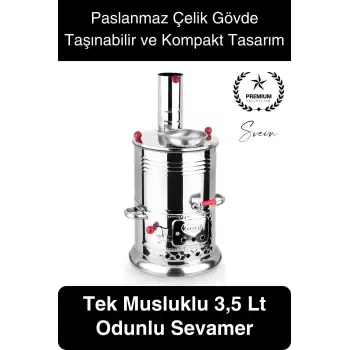 Premium Tek Musluklu 3.5 lt Kömürlü Kamp Piknik İçin Çok Amaçlı Odunlu Çay Semaveri Paslanmaz Çelik