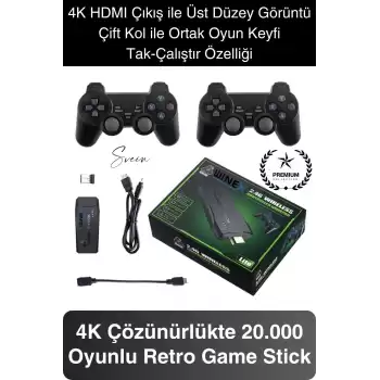 20000 Oyunlu 4K Tak Çalıştır 2.4g Uyumlu HDMI Kablosuz Çift Kol Konsol Game Stick Retro Atari