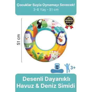 Premium Dayanıklı Güvenli 80 Kg 51 Cm Çocuk Eğlenceli Hayvanlar Desenli Deniz Havuz Yüzme Simidi