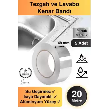 20 Mt Parlak Metalik Gri Tezgah Lavabo Kenar Bandı Sızdırmaz Isıya Dayanıklı Bant Su İzolasyon 5 Ad.