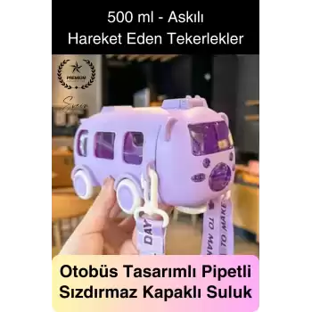 Özel Üretim Otobüs Şeklinde Pipetli Taşıma Askılı Sızdırmaz Kapaklı Çocuk Suluk Matara Okul Beslenme