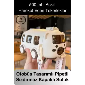 Özel Üretim Otobüs Şeklinde Pipetli Taşıma Askılı Sızdırmaz Kapaklı Çocuk Suluk Matara Okul Beslenme