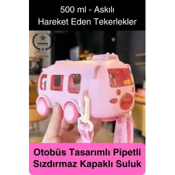 Özel Üretim Otobüs Şeklinde Pipetli Taşıma Askılı Sızdırmaz Kapaklı Çocuk Suluk Matara Okul Beslenme