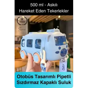 Özel Üretim Otobüs Şeklinde Pipetli Taşıma Askılı Sızdırmaz Kapaklı Çocuk Suluk Matara Okul Beslenme
