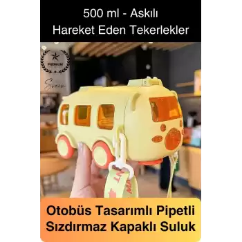 Özel Üretim Otobüs Şeklinde Pipetli Taşıma Askılı Sızdırmaz Kapaklı Çocuk Suluk Matara Okul Beslenme
