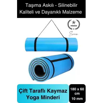 Premium 180 cm Çift Taraflı Kaymaz Yoga Meditasyon Minderi Taşıma Askılı Rahat Su Geçirmez Mat