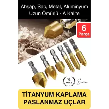 Premium Titanyum Kaplama 6lı Kırılmaz Uçlu Paslanmaz Ahşap Sac Metal Havşa Açma Matkap Uç Seti