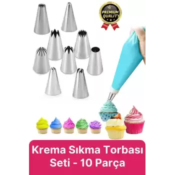 Profesyonel Paslanmaz Çelik Uçlu Tatlı Pasta Kurabiye Kek Süsleme Krema Sıkma Torbası Seti 10 Parça