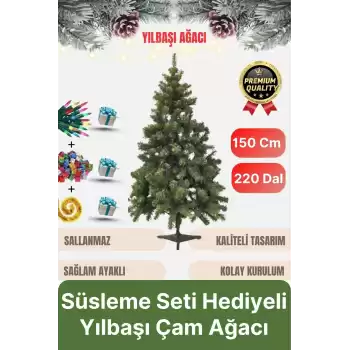 Premium Kalite Yeni Yıl Süsleme Seti Renkli Işık Hediye Yılbaşı Çam Ağacı Noel Paketi 150 Cm 220 Dal