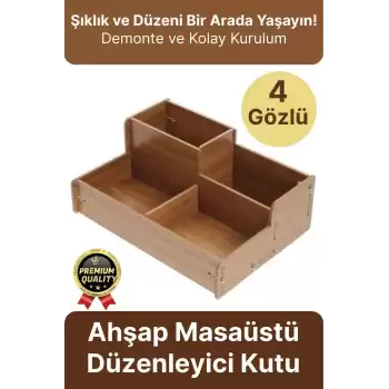 Kırtasiye Kalem Makyaj Malzemesi Saklama Çok Amaçlı 4 Gözlü Bölmeli Ahşap Masa Üstü Düzenleyici Kutu