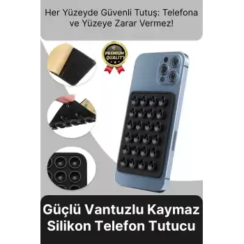 Özel Üretim Tüm Yüzeylere Uyumlu Kaymaz Siyah Güçlü Vantuzlu Silikon Yapışkanlı Telefon Tutucu
