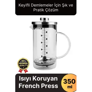 Çok Amaçlı Isıyı Koruyan Süzgeçli Bitki Çayı Filtre Kahve Demlik Ölçü Kabı Cam French Press 350 ml