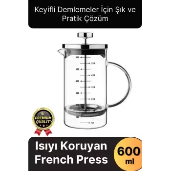 Çok Amaçlı Isıyı Koruyan Süzgeçli Bitki Çayı Filtre Kahve Demlik Ölçü Kabı Cam French Press 600 ml