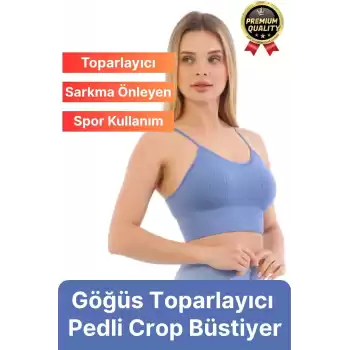 Göğüs Toparlayıcı Sarkma Önleyen Gündelik Spor Kullanım İnce İp Askılı Pedli Çizgili Crop Büstiyer