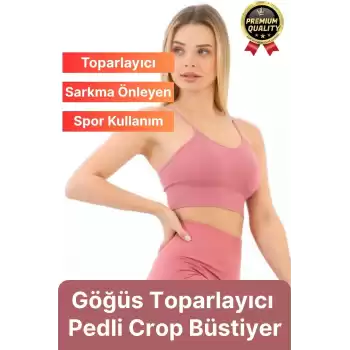 Göğüs Toparlayıcı Sarkma Önleyen Gündelik Spor Kullanım İnce İp Askılı Pedli Çizgili Crop Büstiyer