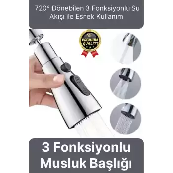 Yeni Seri Kaliteli Şık 3 Fonksiyonlu 720 Derece Dönebilen Mutfak Lavabo Banyo Metalik Musluk Başlığı