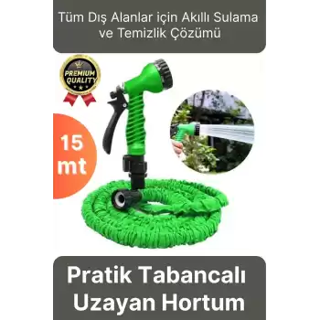 Çok Amaçlı Kırılmaz Dolaşmaz 7 Fonksiyonlu Bahçe Sulama Araç Yıkama Tabancalı Uzayan Hortum 15 Metre
