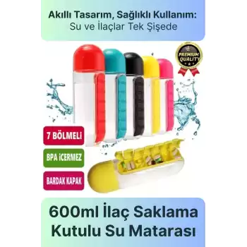 Özel Üretim Pillbox Suluk Organizer %100 BPA İçermez 7 Gün Hap İlaç Saklama Kutulu 600ml Su Matarası