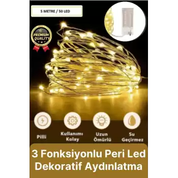 Dekoratif Aydınlatma Yeni Yıl Yılbaşı Pilli 3 Fonksiyonlu Günışığı Sarı Renk Peri Led Işık 5 Metre