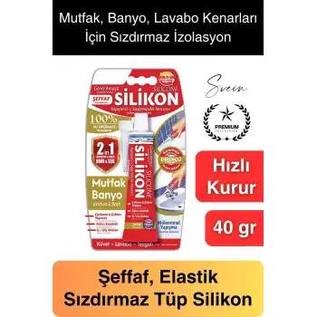 Premium 40 gr Üniversal Sızdırmaz Şeffaf Tüp Silikon Mutfak Banyo Küvet Kenarı Elastik İzolasyon