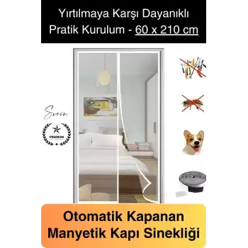 Dayanıklı Mıknatıslı Kapı Sinekliği 60x210 cm Tül Haşere Böcek Sivrisinek Geçirmez Manyetik Beyaz