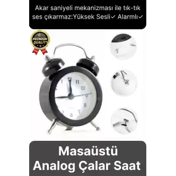 Premium Kalite Dekoratif Pilli Yüksek Sesli Alarmlı Çift Çan Formlu Masaüstü Mini Analog Çalar Saat