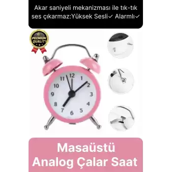 Premium Kalite Dekoratif Pilli Yüksek Sesli Alarmlı Çift Çan Formlu Masaüstü Mini Analog Çalar Saat