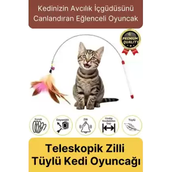 Özel Üretim Bükülebilir Elastik Çanlı Eğlenceli Teleskopik Zilli Tüylü Kedi Oyuncağı Oyun Oltası