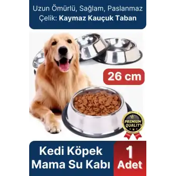 Premium Uzun Ömürlü Sağlam Kaymaz Kauçuk Taban Paslanmaz Çelik Metal Kedi Köpek Mama Su Kabı 26 Cm